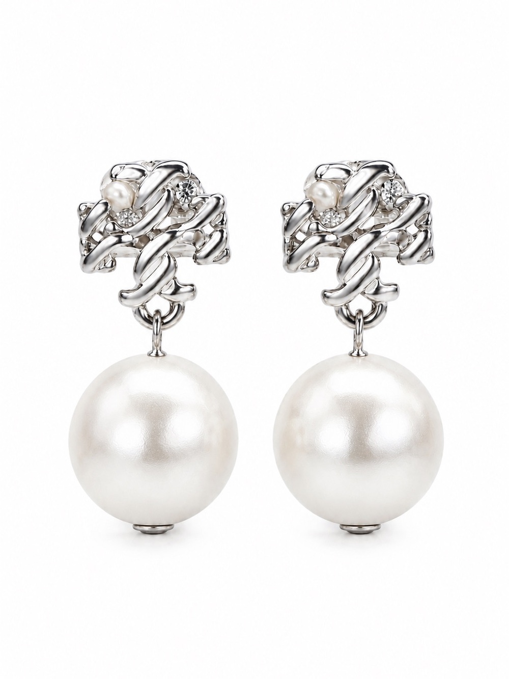 Tory Burch Logo Rope Pearl Drop Earrings Silver Tone